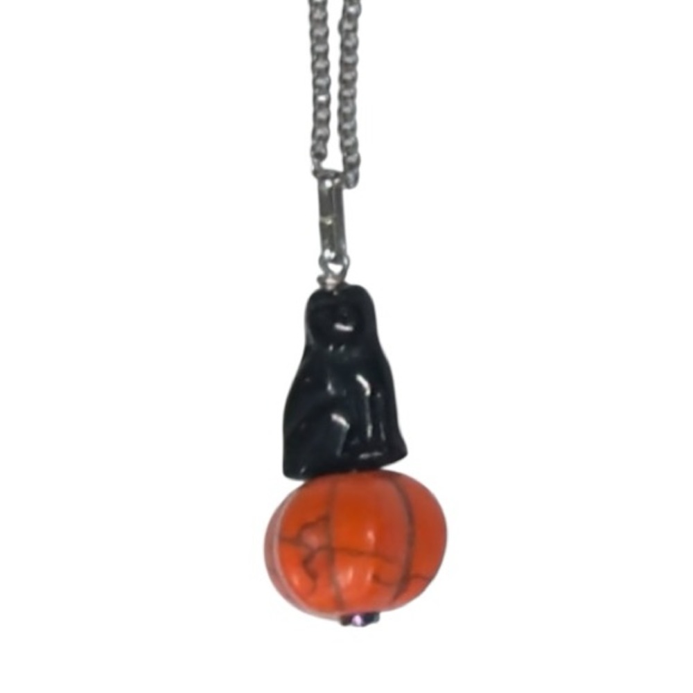 HANDMADE Halloween BLACK Cat And ORANGE BEAD Pumpkin Pendant NECKLACE